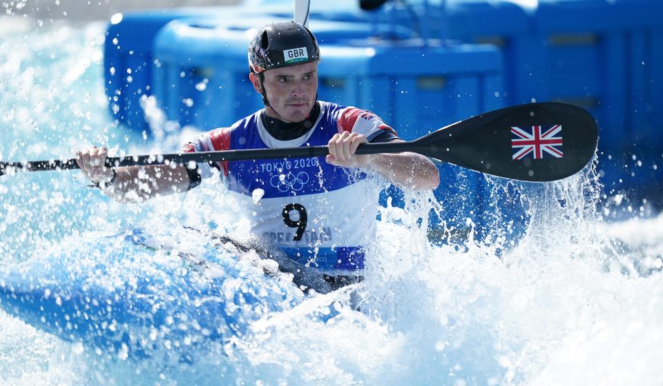 Bradley Forbes-Cryans during the canoe slalom practice at the Kasai Canoe Slalom Centre (Mike Egerton/PA) (PA Wire)