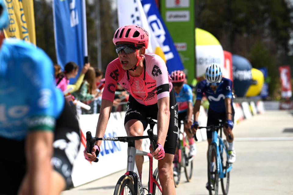 RITTEN ITALY  APRIL 18 Hugh Carthy of United Kingdom and Team EF EducationEasypost crosses the finish line during the 46th Tour of the Alps 2023  Stage 2 a 1652km stage from Reith im Alpbachtal to Ritten 1174m on April 18 2023 in Reith im Alpbachtal Italy Photo by Tim de WaeleGetty Images