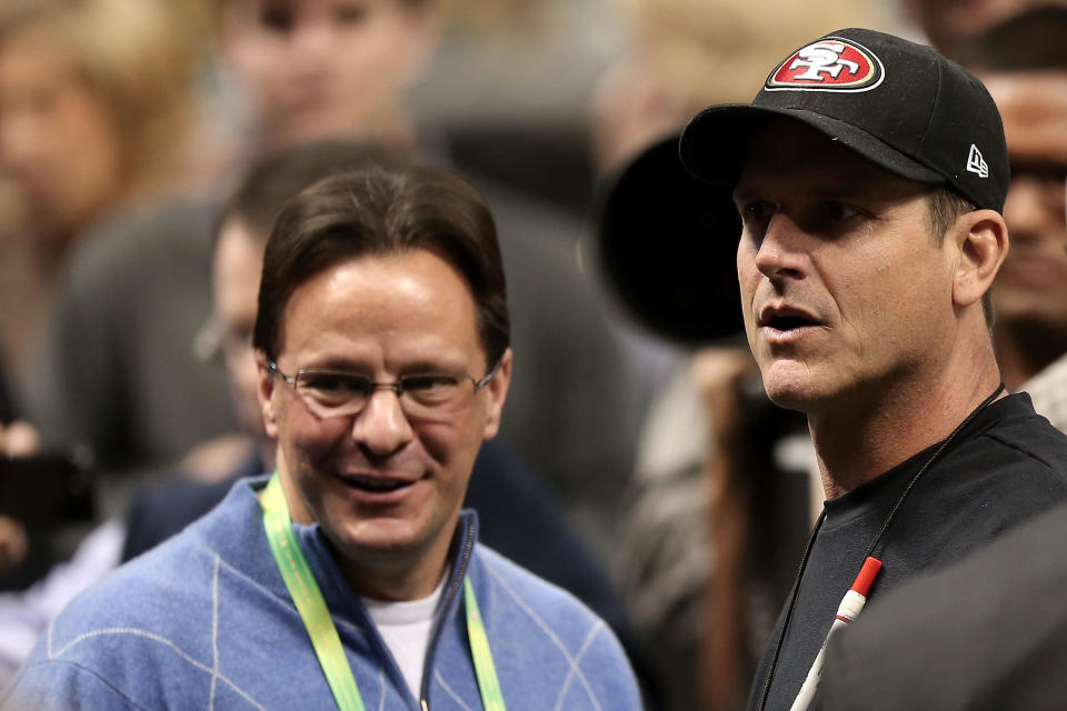 Tom Crean and Jim Harbaugh at Super Bowl XLVII in 2013. (Getty Images)