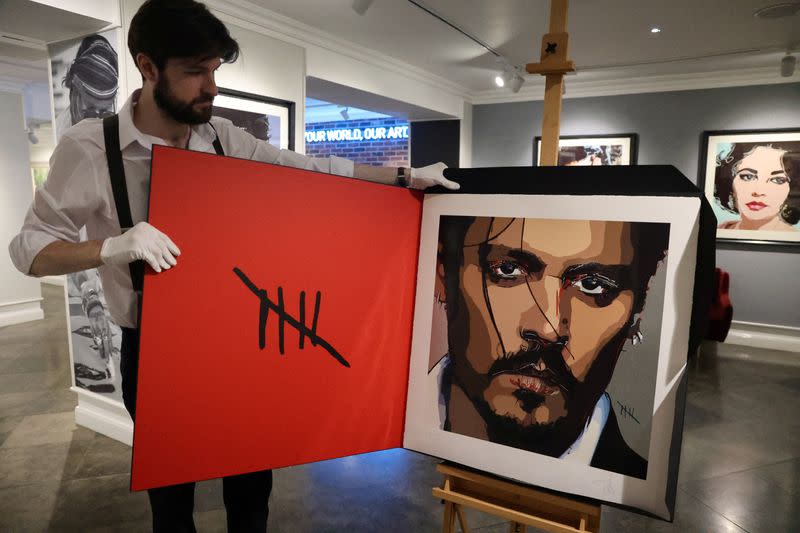 Self-portrait by actor Johnny Depp is pictured in Castle Fine Art Gallery in London