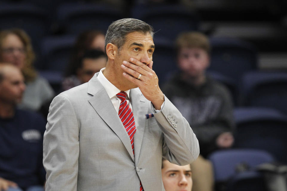 Villanova head coach Jay Wright reacts during the second half of an NCAA college basketball game against Furman, Saturday, Nov. 17, 2018, in Villanova, Pa. Furman won 76-68 in overtime. (AP Photo/Laurence Kesterson)