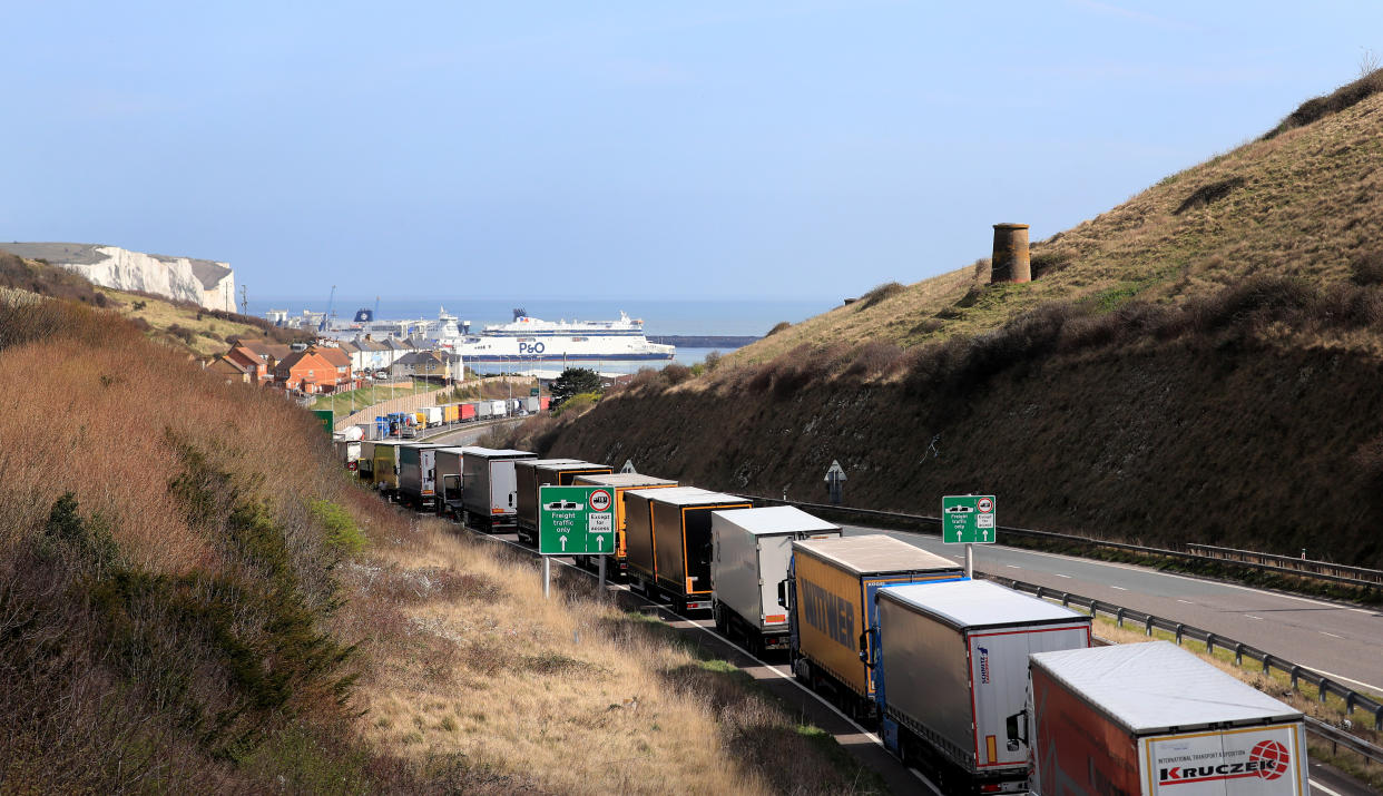 Lorries queue to enter the Port of Dover on the A20 in Kent. (Photo by Gareth Fuller/PA Images via Getty Images)