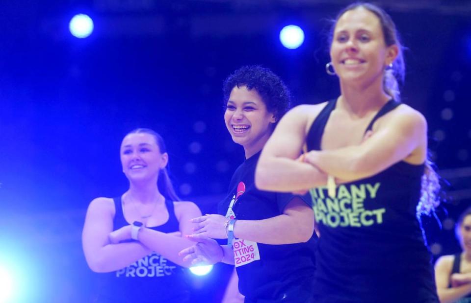 The Nittany Dance Project performs with a guest from a Four Diamond family during the Penn State IFC/Panhellenic Dance Marathon on Friday, Feb. 16, 2024 at the Bryce Jordan Center.