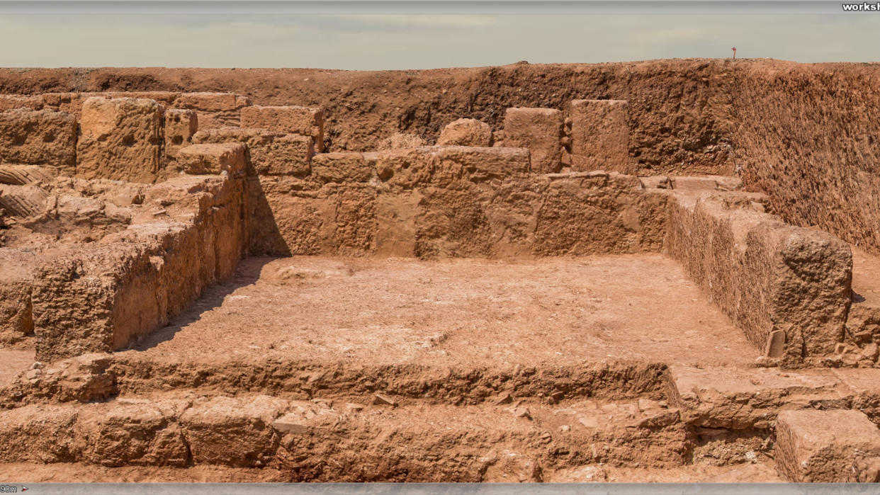  A view of an archaeological site of an excavated wine shop. 