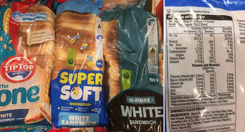 Woolworths bread packets and a nutritional label. Source: Facebook