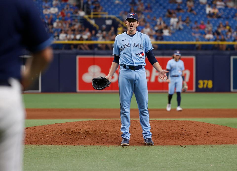 Blue Jays pitcher Ryan Borucki reacts to being ejected from Wednesday's game against the Rays for hitting Tampa Bay outfielder Kevin Kiermaier.