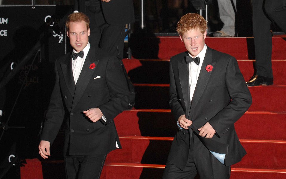 <p>Prince William and Prince Harry arrived at the world premiere of <em>Quantum of Solace </em>in London looking dapper in classic tuxedos. </p>