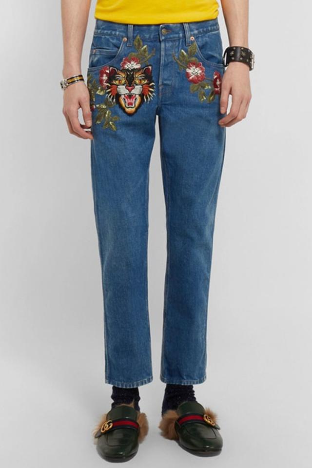 Gucci Embroidered Tiger Head Jeans in Blue for Men