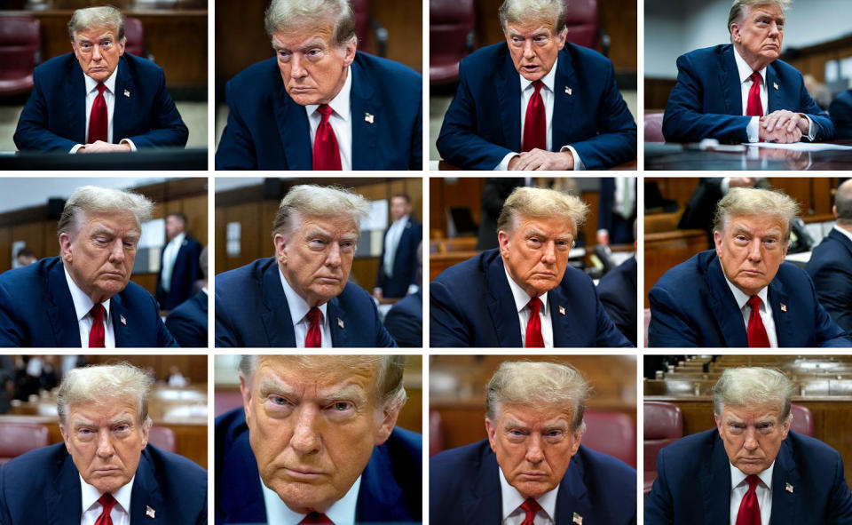 A grid of photos of former President Donald Trump sitting at a desk in New York Court on April 15. (Jabin Botsford; Jeenah Moon; Angela Weiss; Michael Nagle / Pool / Getty Images file)