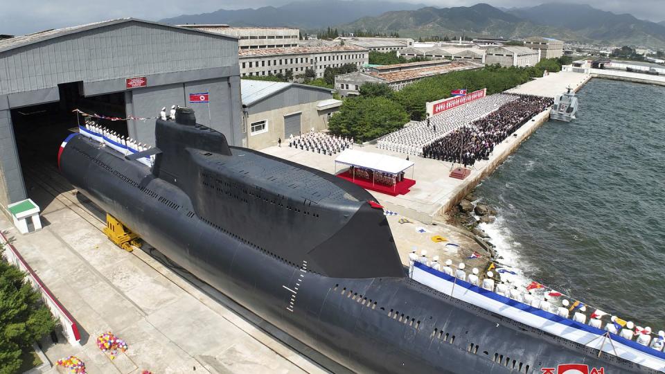 North Korea's new nuclear attack submarine is named Hero Kim Kun Ok. (Korean Central News Agency/Korea News Service via AP)