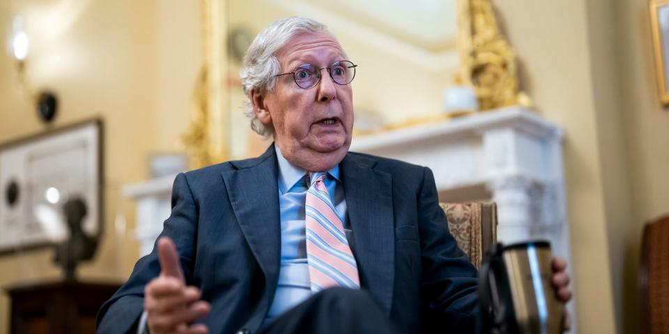 Senate Minority Leader Mitch McConnell, R-Ky., discusses NATO expansion and other issues during an Associated Press interview in his office at the Capitol in Washington, Wednesday, Aug. 3, 2022.