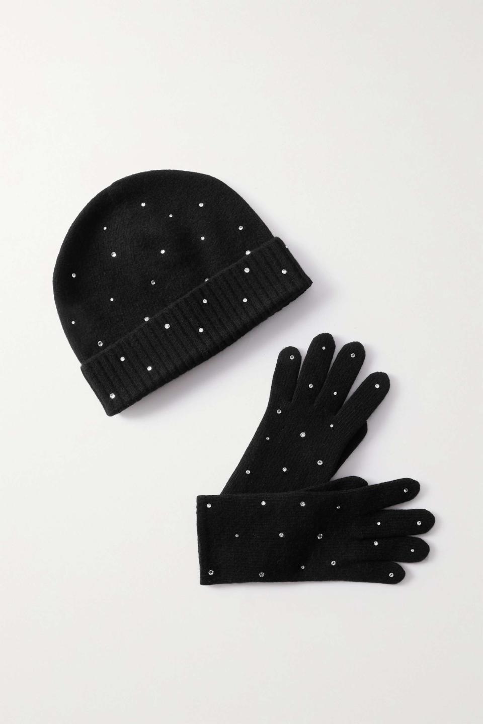 17) Crystal-Embellished Cashmere Gloves and Beanie Set