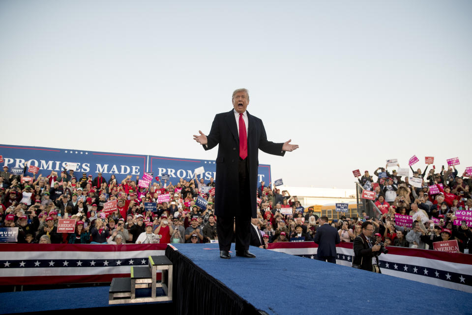 President Donald Trump arrives for a rally at Southern Illinois Airport in Murphysboro, Ill., Saturday, Oct. 27, 2018. (AP Photo/Andrew Harnik)