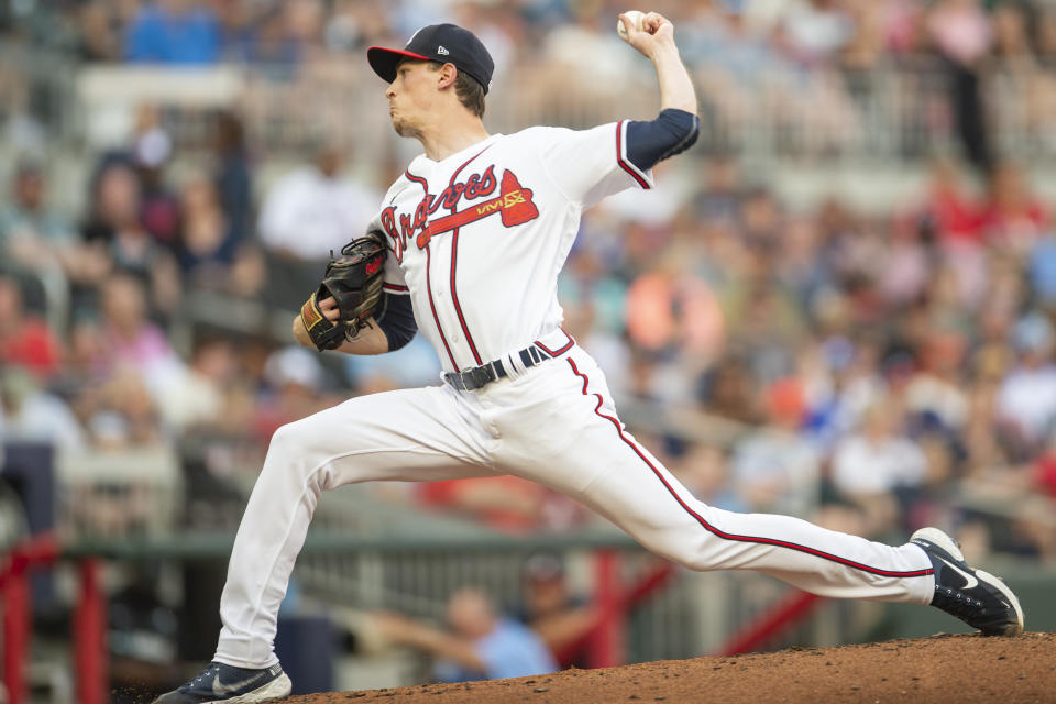 Atlanta Braves starting pitcher Max Fried throws in the first inning of a baseball game against the San Francisco Giants, Monday, June 20, 2022, in Atlanta. (AP Photo/Hakim Wright Sr.)
