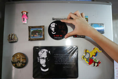 A magnet with Ko Ni's picture and quotes is seen on a refrigerator in Ko Ni's house in Yangon, Myanmar, October 4, 2018. Picture taken October 4, 2018. REUTERS/Ann Wang/Files