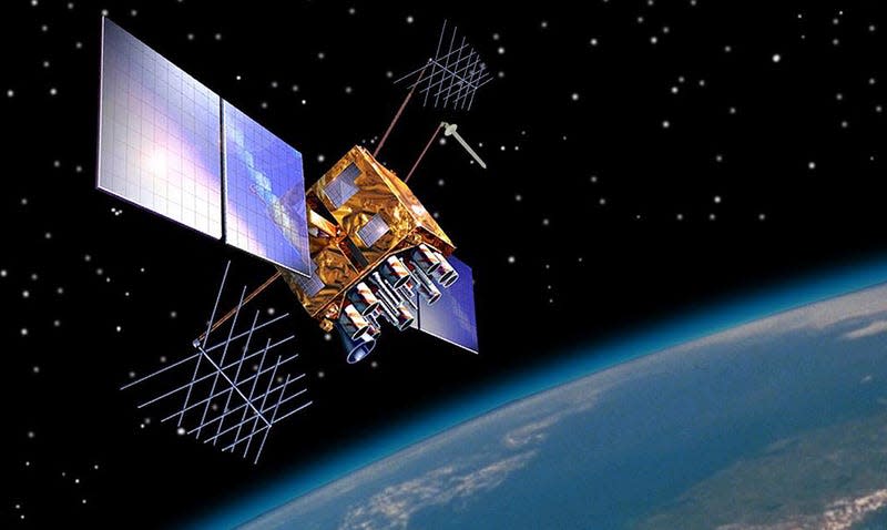 GPS satellites (pictured) work in medium Earth orbit some 12,550 miles (20,200 km) above the surface, with each satellite orbiting Earth twice a day. 