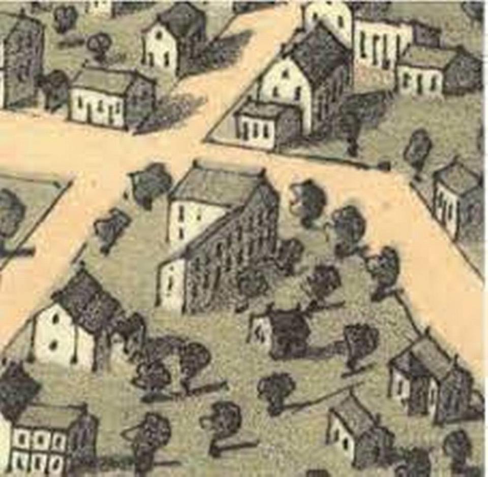 This 1867 lithograph shows the home of Gustave and Sophie Koerner, center, at the intersection of what is now Mascoutah Avenue (formerly Shawneetown Road) and Abend Street in Belleville.