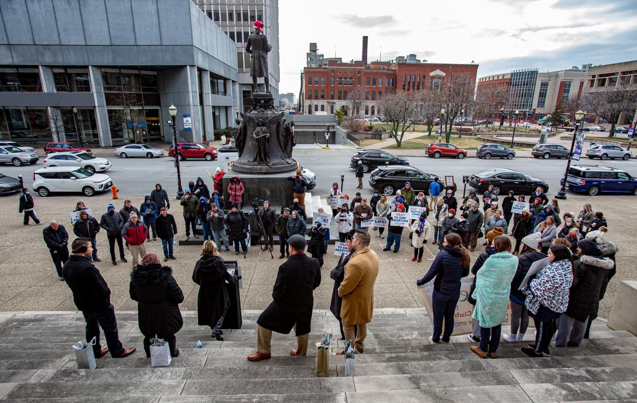 A crowd of around 80 people stood at the steps of Louisville Metro Hall while listening to former U.S. Ambassador to the United Nations Kelly Craft speak out against abortion during a Right to Life rally commemorating the 49th anniversary of Roe v Wade. January 21, 2022