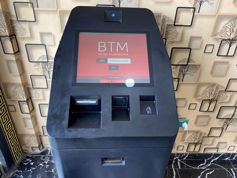 A bitcoin teller machine is seen at a restaurant in Lagos