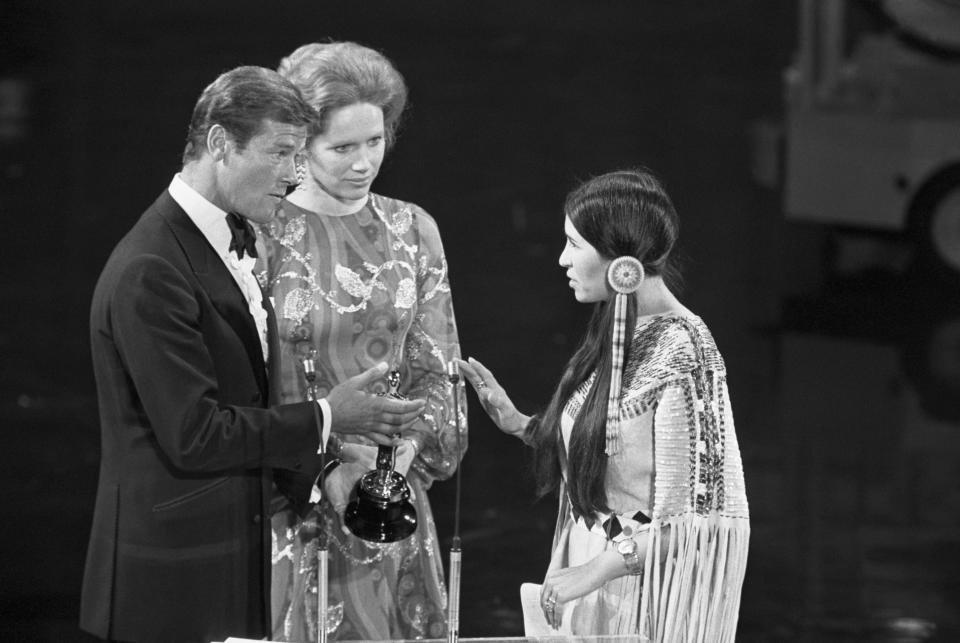 At the 1973 Academy Awards, Sacheen Littlefeather refuses the Academy Award for Best Actor on behalf of Marlon Brando who won for his role in The Godfather. She carries a letter from Brando in which he explains he refused the award in protest of American treatment of the Native Americans.