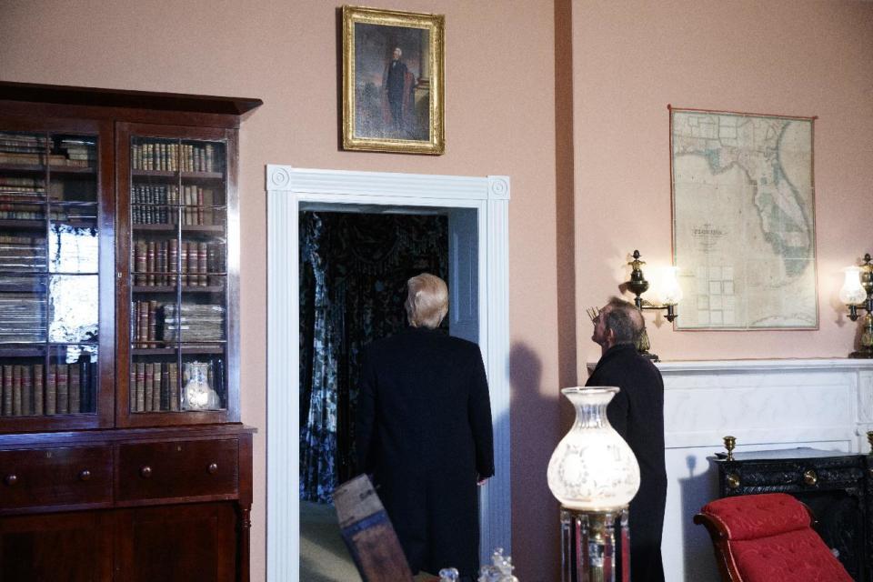 President Donald Trump takes a tour of the Hermitage, the home of President Andrew Jackson, to commemorate Jackson's 250th birthday, Wednesday, March 15, 2017, in Nashville, Tenn. (AP Photo/Evan Vucci)