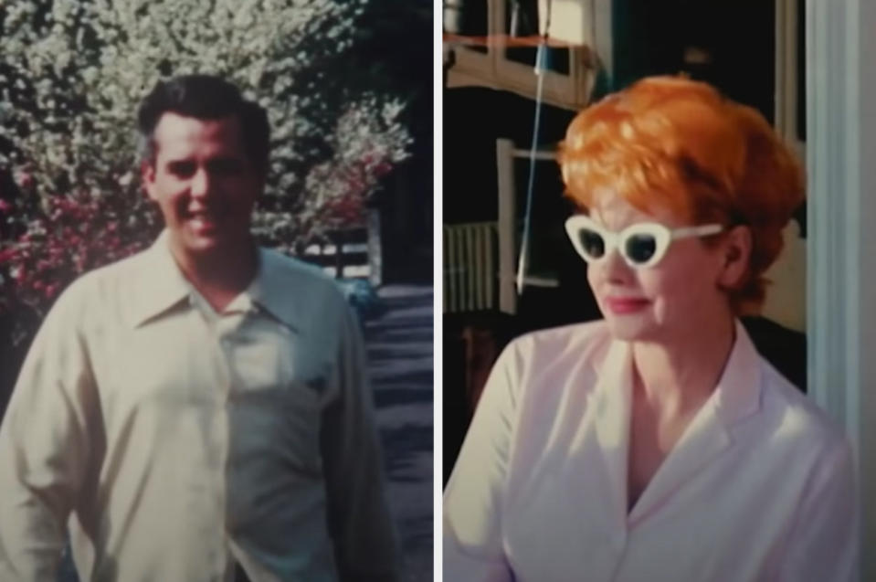Desi walks in the sunshine, and Lucy wears white sunglasses in their home movies shown in the "Lucy and Desi" trailer
