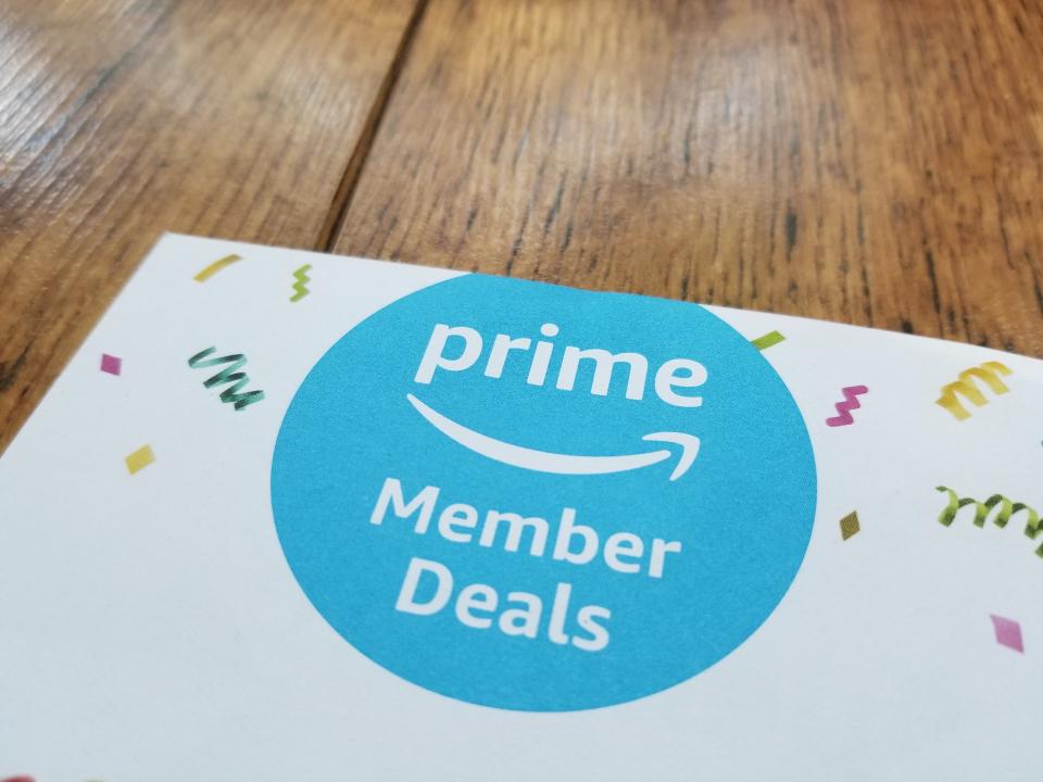 Close-up of logo for Amazon Prime deals on Prime Day, on a paper on a light wooden surface, San Ramon, California, July 18, 2018. (Photo by Smith Collection/Gado/Getty Images)