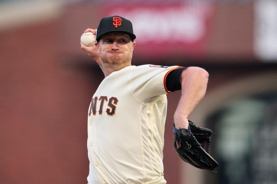 Giants starting pitcher Alex Cobb throws a first-inning pitch against the Guardians, Sept. 11, 2023; San Francisco.