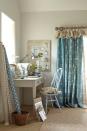 <p><strong>Vanessa says...</strong></p><p>'This work place is in spare bedroom and is tidied up when guests come to stay. The table doubles as a dressing table and the lovely wooden chair is more suitable for an occasional bedroom. The luxurious Cow Parsley in Teal curtains with their flop over frill, look lovely mixed with our stone and mushroom coloured fabrics.'</p>