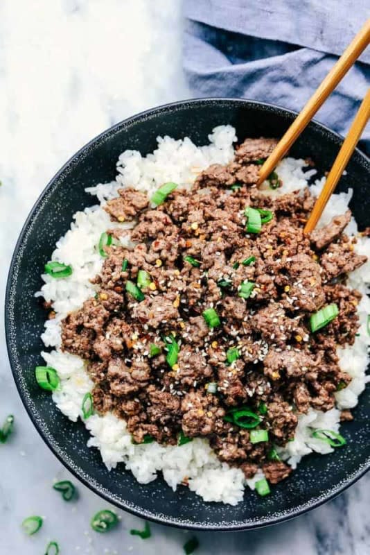 <p>The Recipe Critic</p><p>Korean ground beef and rice bowls are so incredibly easy to make and will become a family favorite! This makes the perfect weeknight meal.</p><p><strong>Get the recipe: <a href="https://therecipecritic.com/korean-ground-beef-rice-bowls/" rel="nofollow noopener" target="_blank" data-ylk="slk:Korean Ground Beef Rice Bowls;elm:context_link;itc:0;sec:content-canvas" class="link rapid-noclick-resp">Korean Ground Beef Rice Bowls</a></strong></p>