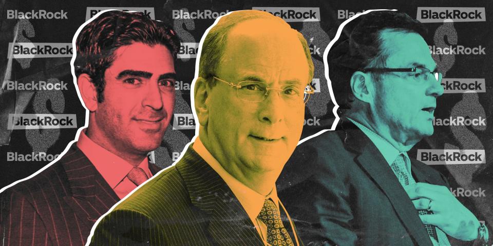 BlackRock executive Charles Hatami, BlackRock CEO Larry Fink, and former BlackRock executive Craig Phillips on top of a BlackRock logo pattern and a black background