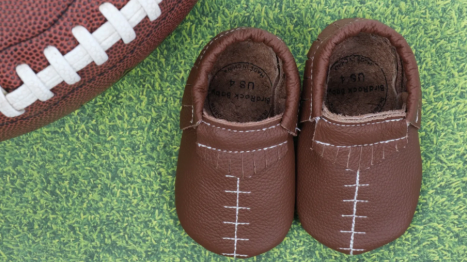 First Super Bowl outfits and toys: Football moccasins