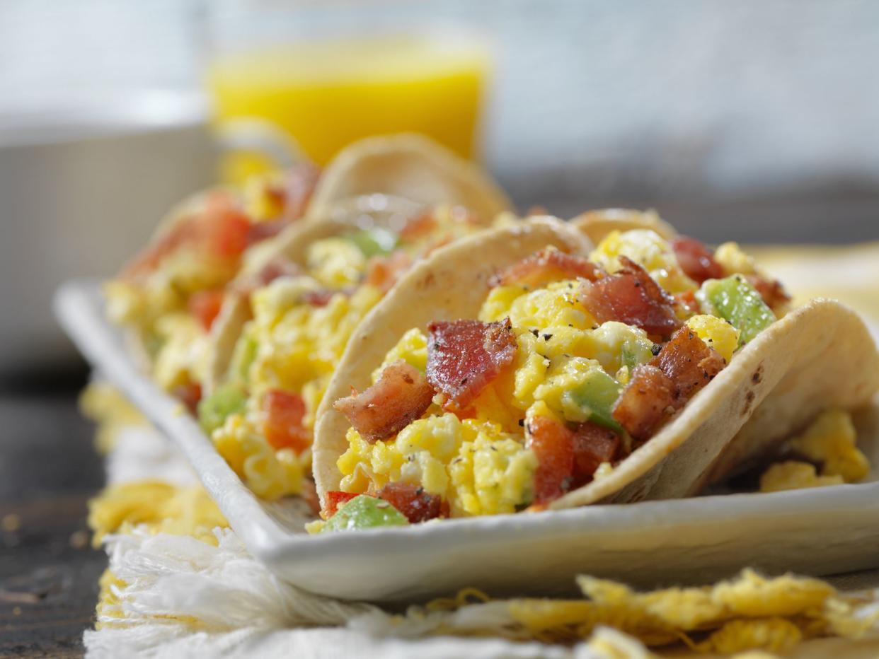 Small 4inch Soft Breakfast Tacos, Scrambled Eggs with Cheddar Cheese, Red, Green Peppers and Bacon
