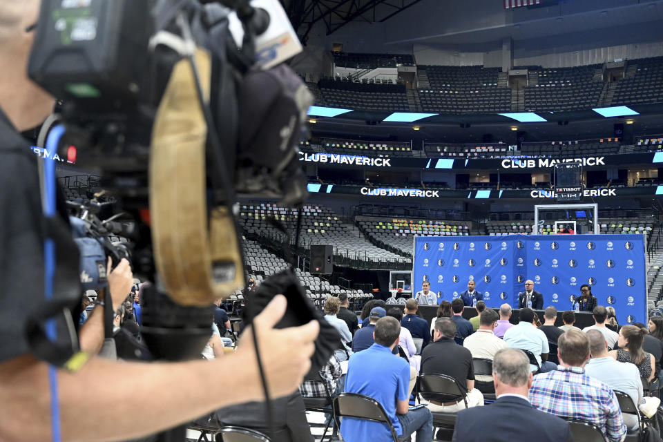 From left, Dallas Mavericks NBA basketball team owner Mark Cuban, new general manager Nico Harrison, new head coach Jason Kidd and Cynt Marshall, CEO, are shown during a press conference formally introducing Kidd and Harrison, Thursday, July 15, 2021, in Dallas. (AP Photo/Matt Strasen)