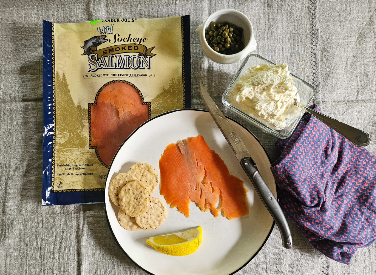 trader joe's wild sockeye salmon on a plate with fixings 