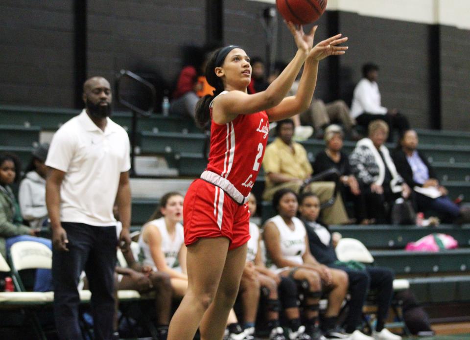 Leon sophomore Nia Simillien shoots a 3-pointer as Lincoln beat Leon 58-47 on Jan. 9, 2020.