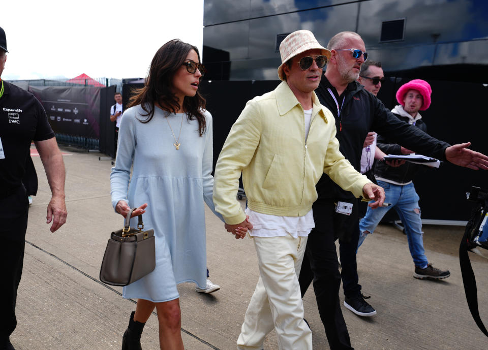 Brad Pitt and his partner Ines De Ramon arrive at Silverstone Circuit, Northamptonshire. Picture date: Sunday July 7, 2024. (Photo by David Davies/PA Images via Getty Images)