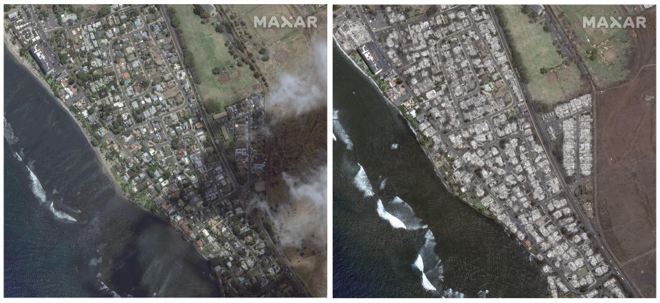 Esta combinación de imágenes satelitales suministradas por Maxar Technologies muestra una vista aérea del sur de Lahaina, en Maui, Hawai, el 25 de junio de 2023 a la izquierda, y otra de la misma zona el miércoles 9 de agosto, después de un incendio forestal en la isla. (Maxar Technologies vía AP)