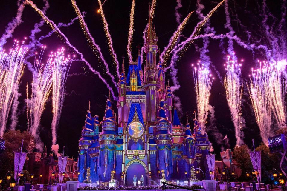 Disney CEO Bob Chapek and Executive Chairman Bob Iger re-dedicate Walt Disney World Resort in front of Cinderella Castle at Magic Kingdom Park in Lake Buena Vista, Fla., Sept. 30, 2021, on the eve of the vacation destination's 50th anniversary. (David Roark, photographer)
