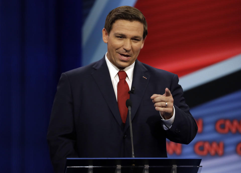 Florida Republican gubernatorial candidate Ron DeSantis speaks during a CNN debate against opponent Democratic gubernatorial candidate Andrew Gillum, Sunday, Oct. 21, 2018, in Tampa, Fla. (AP Photo/Chris O'Meara)