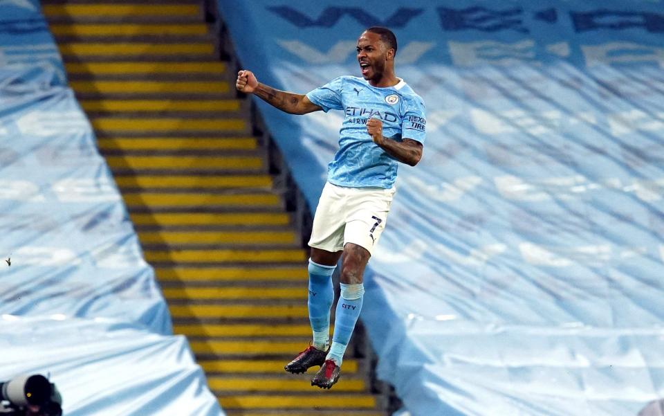 Raheem Sterling of Manchester City celebrates after scoring the 4-0 lead during the English Premier League soccer match between Manchester City and Crystal Palace in Manchester, Britain, 17 January 2021. Manchester City vs Crystal Palace, United Kingdom. - Dave Thompson/POOL/EPA-EFE/Shutterstock