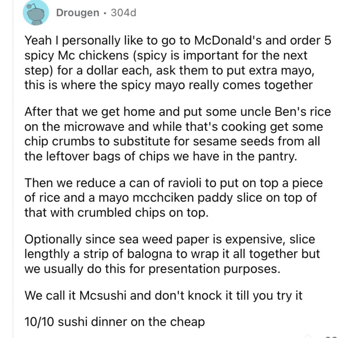Reddit screenshot about recipe that uses McDonald's to save money.