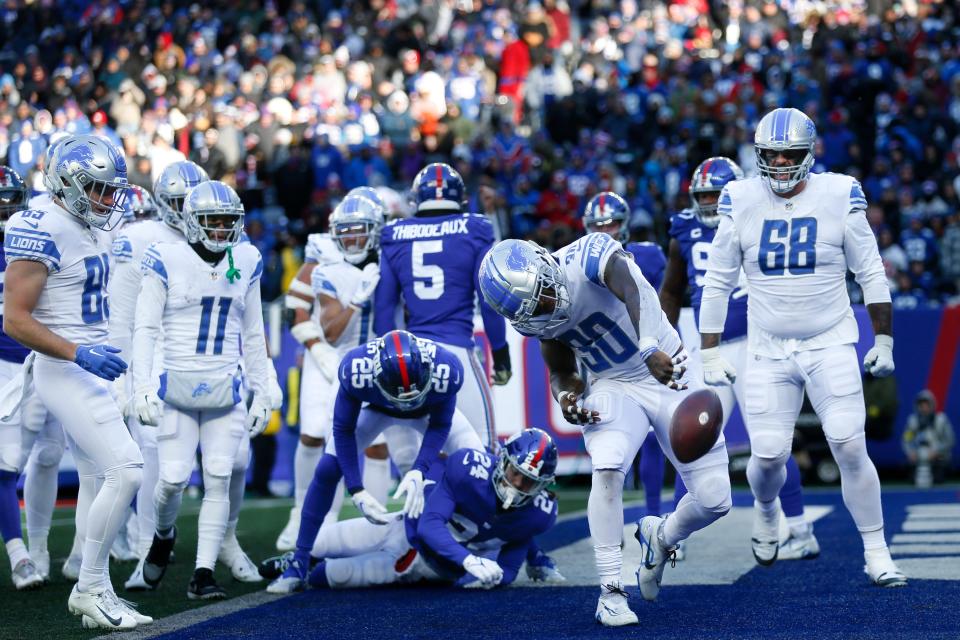 Lions running back Jamaal Williams scored three touchdowns against the Giants last week.