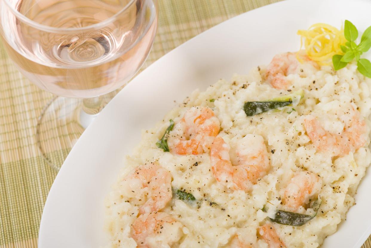 King prawn risotto with creamy white wine sauce and courgette.