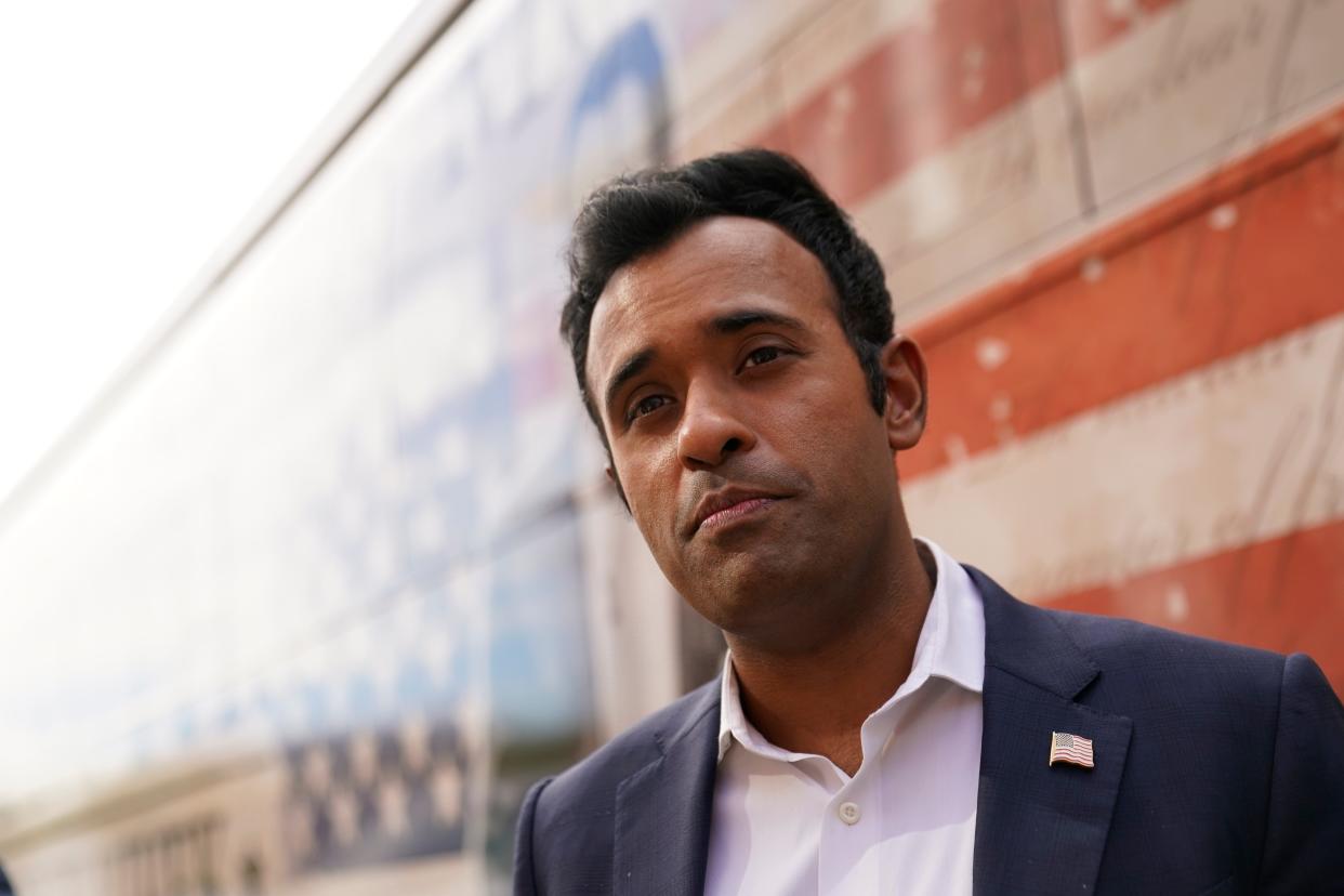 Republican presidential candidate Vivek Ramaswamy leaves during the Seacoast Media Group and USA TODAY Network 2024 Republican Presidential Candidate Town Hall Forum held in the historic Exeter Town Hall in Exeter, New Hampshire. The entrepreneur spoke to prospective New Hampshire voters about issues during the hour-long forum.