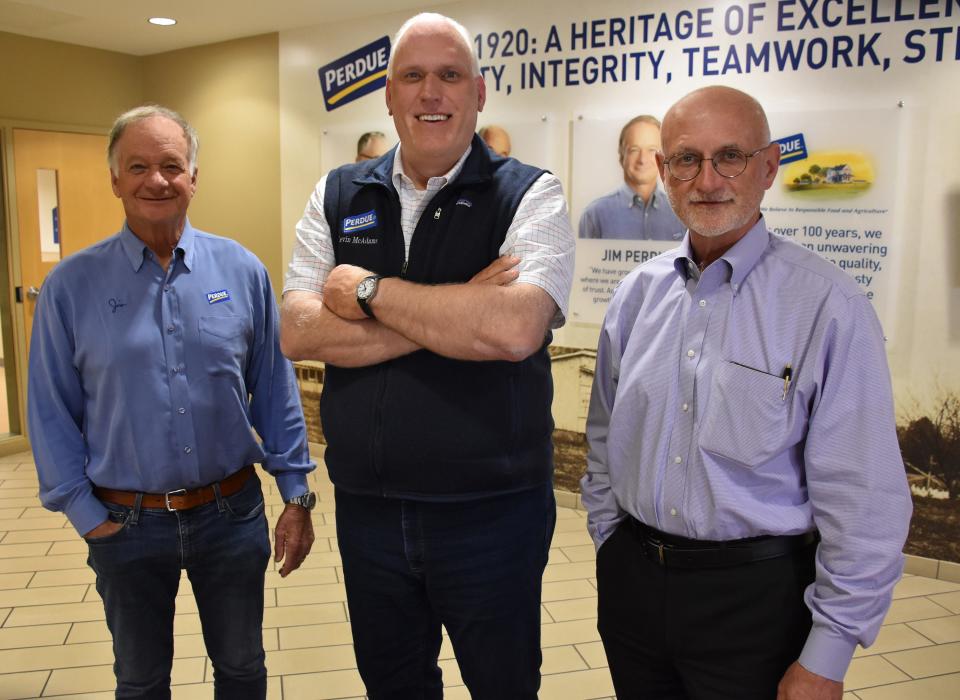 From left, Perdue Farms Chairman Jim Perdue, COO and President Kevin McAdams and CEO Randy Day. Day has announced he will retire in summer of 2023, and McAdams has been named as his successor.