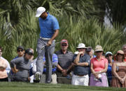 Tiger Woods kicks the ground after over hitting on the eighth green during the first round of the Honda Classic golf tournament, Thursday, Feb. 27, 2014, in Palm Beach Gardens, Fla. (AP Photo/Lynne Sladky)