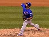 Oct 9, 2015; St. Louis, MO, USA; Chicago Cubs relief pitcher Pedro Strop (46) goes in to pitch during the eighth inning of game one of the NLDS against the St. Louis Cardinals at Busch Stadium. Mandatory Credit: Jasen Vinlove-USA TODAY Sports