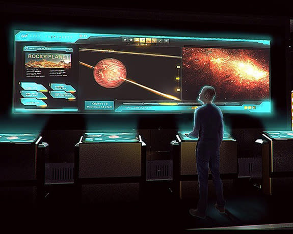 Artist's conception of the Marvel Avengers S.T.A.T.I.O.N. exhibit in New York City in May 2014. Pictured is the design concept for an exhibit with NASA's Eyes on Exoplanets.