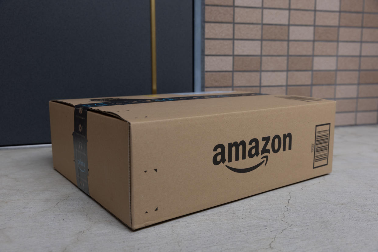 TOKYO, JAPAN - 2022/04/06: Amazon delivery package seen in front of a door. (Photo by Stanislav Kogiku/SOPA Images/LightRocket via Getty Images)